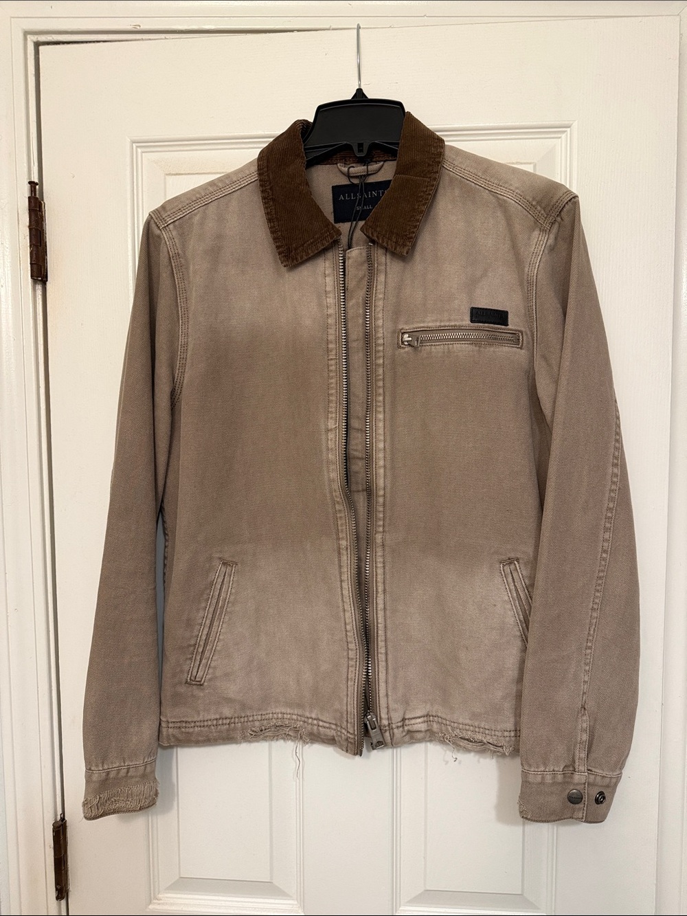 All Saints Taupe Rothwell Jacket with Brown Corduroy Collar